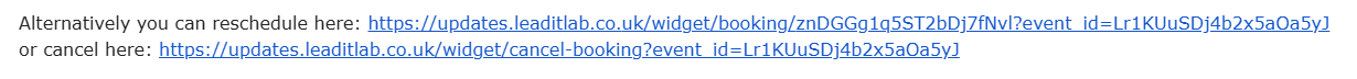 Close-up of the reschedule and cancel links in the email