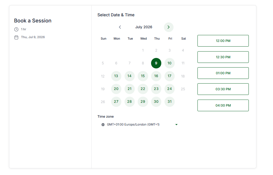 The reschedule screen where a new time can be chosen