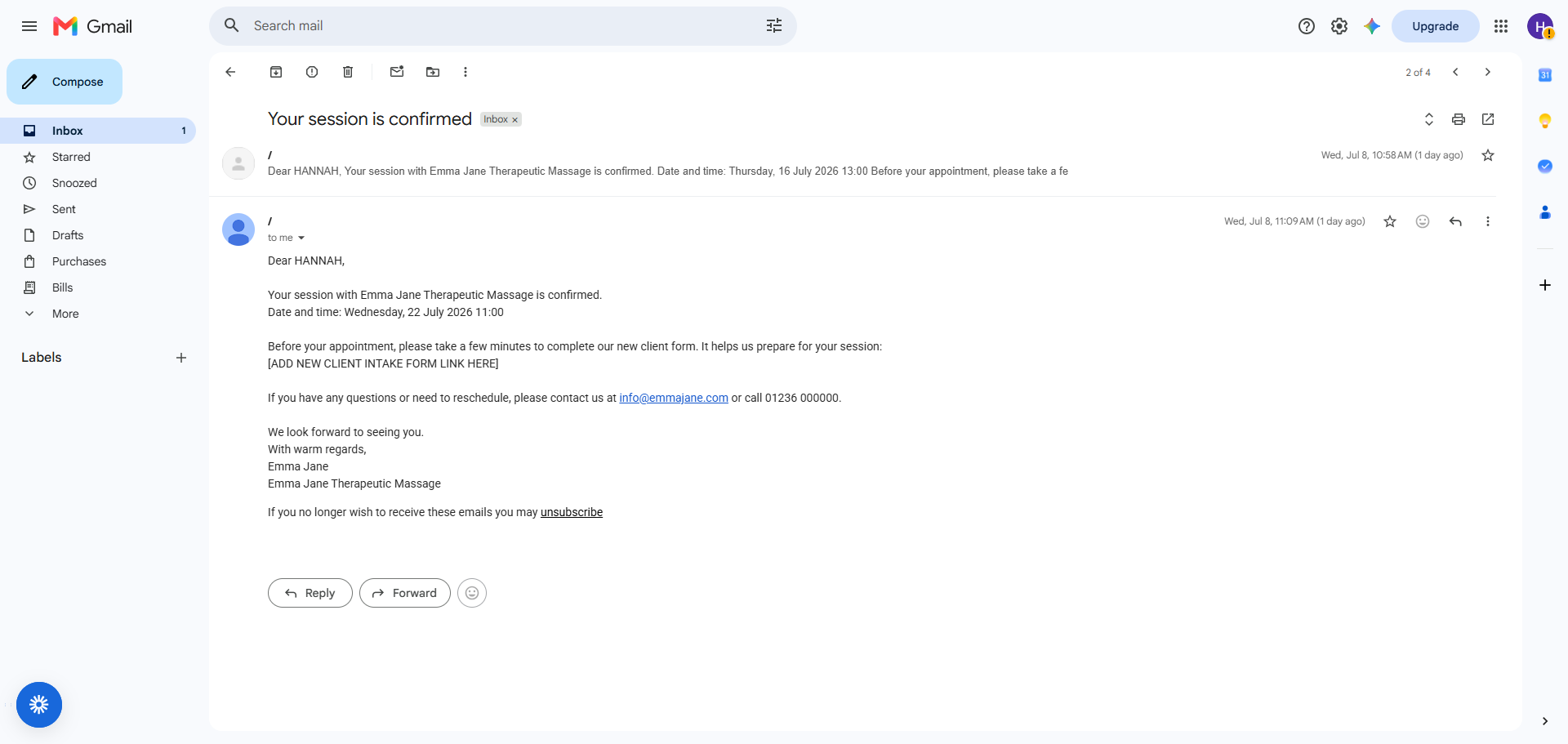 Booking confirmation email with the session details