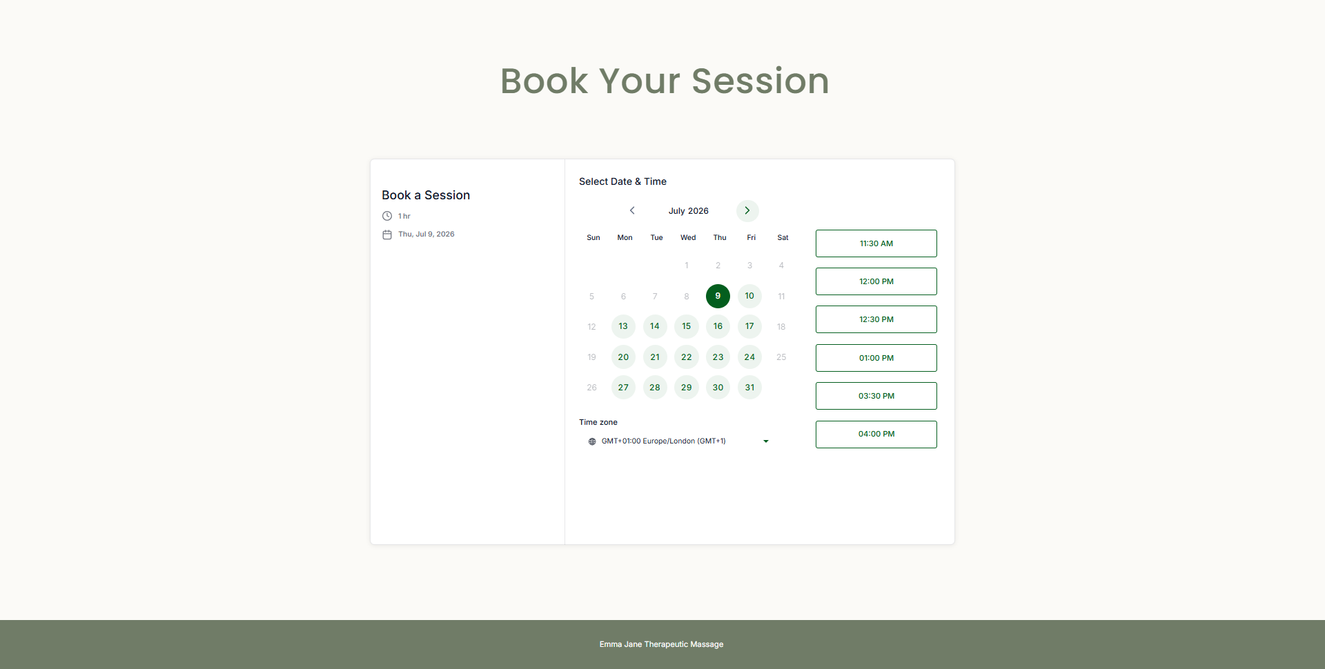 The booking page where Hannah chooses her session