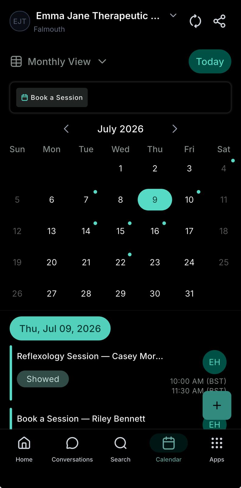The calendar viewed in the mobile app