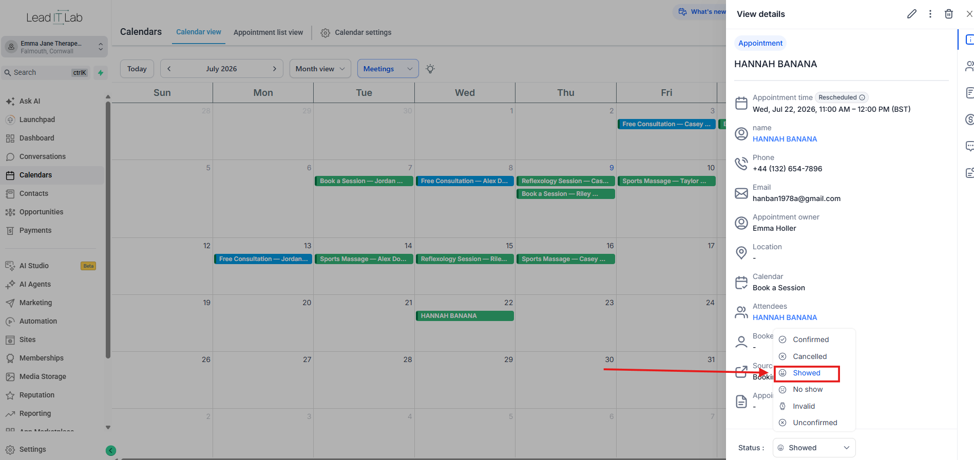 The calendar appointment marked as attended