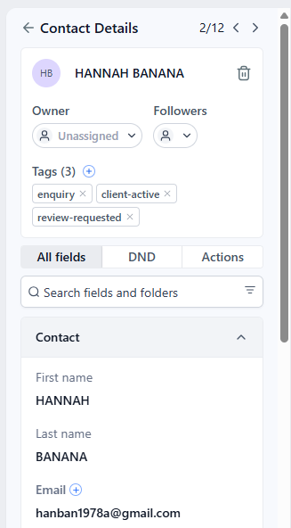 Contact record with the Review Requested tag applied