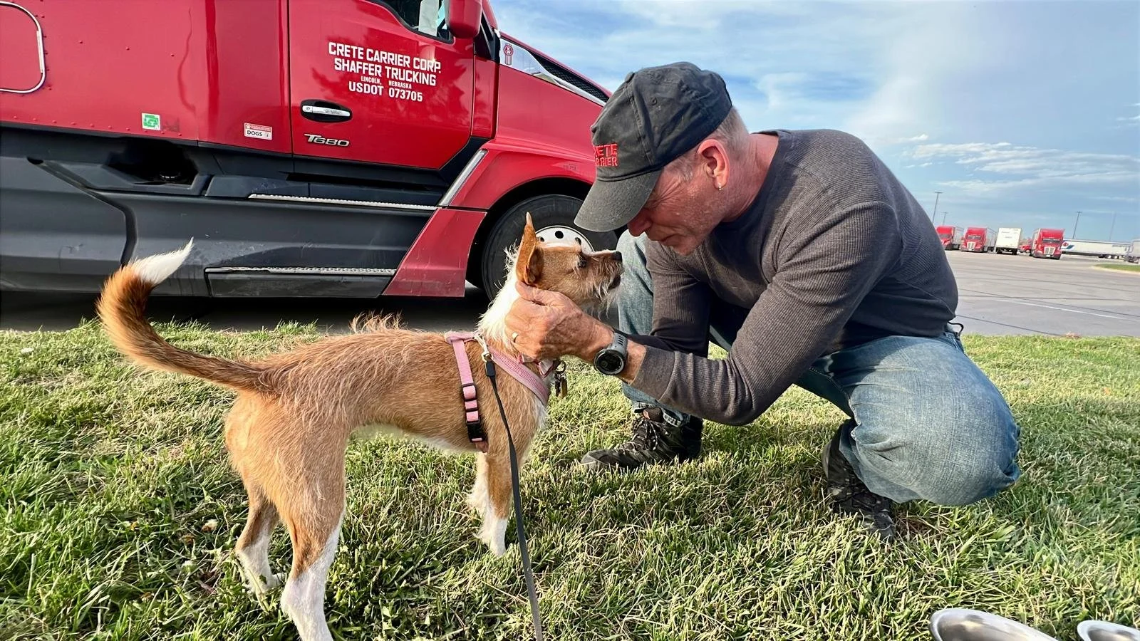 Truck driver with his dog beside the cab