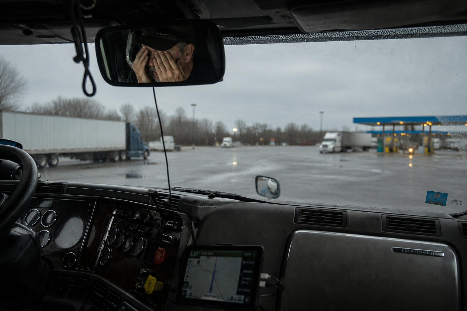 Exhausted driver rubbing tired eyes at the wheel