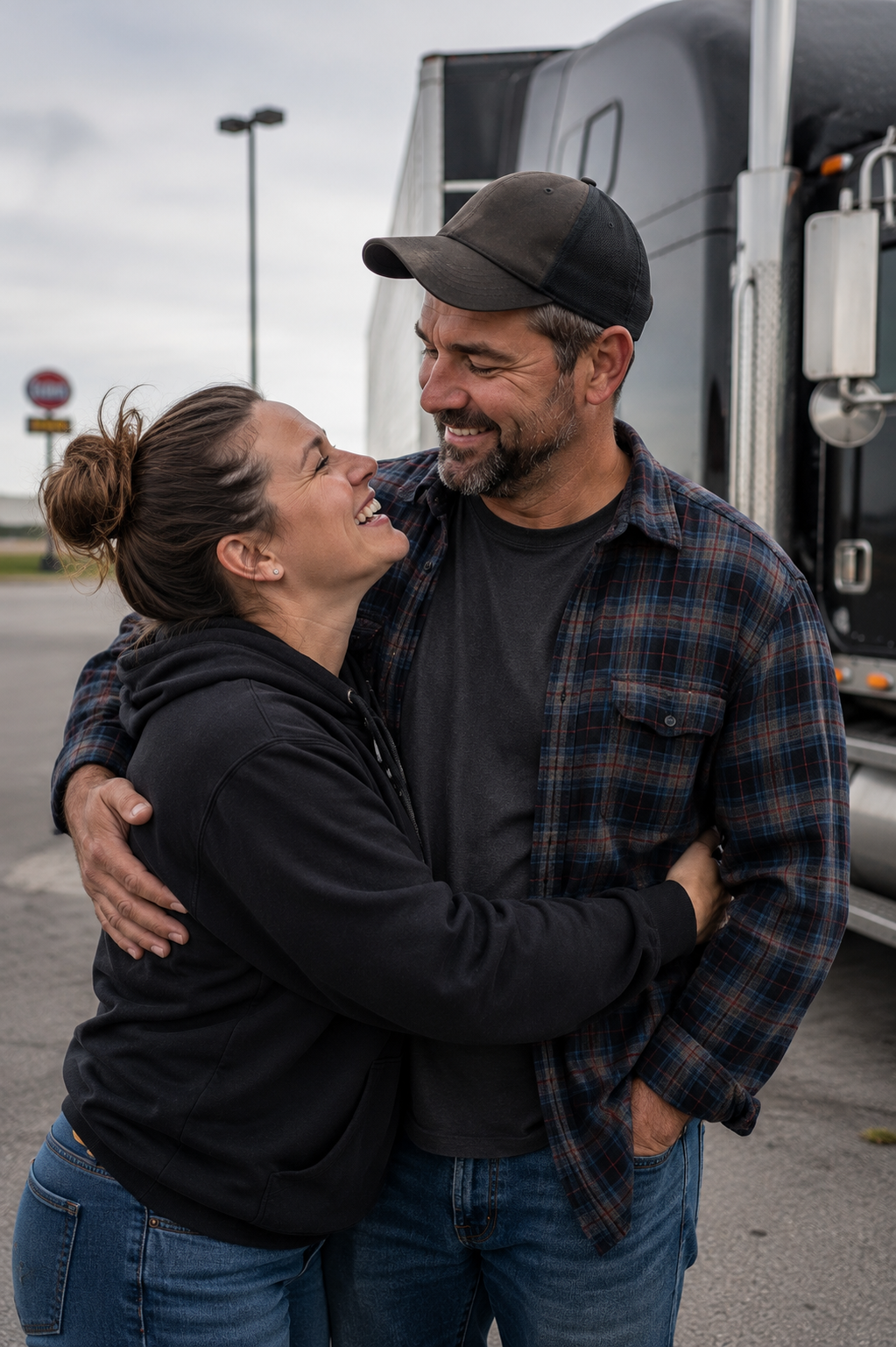 Tanja laughing in front of the trucks