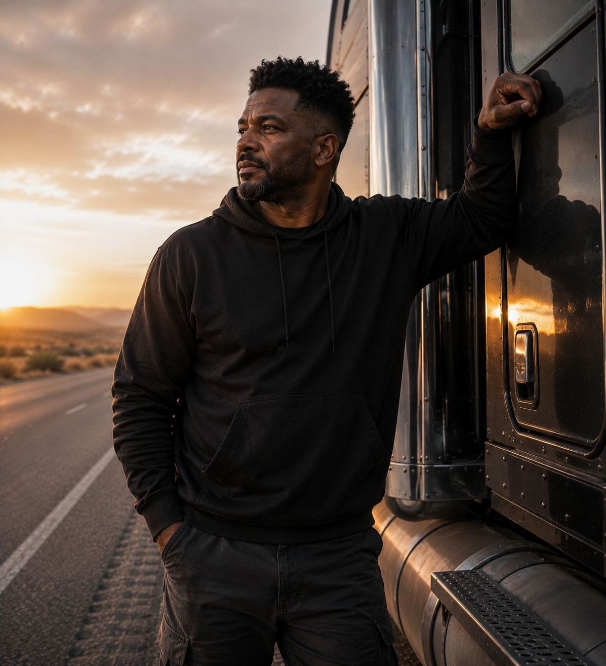 Driver by his cab at sunset