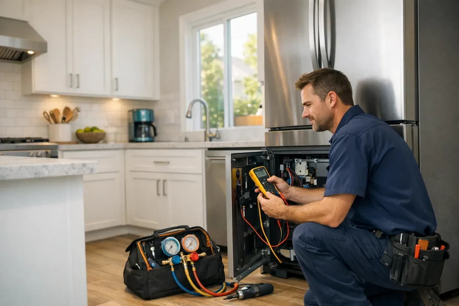 Appliance repair technician diagnosing a refrigerator in a home