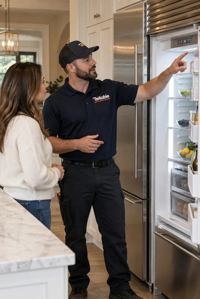 Reliable technician showing a repaired Sub-Zero style refrigerator to a customer