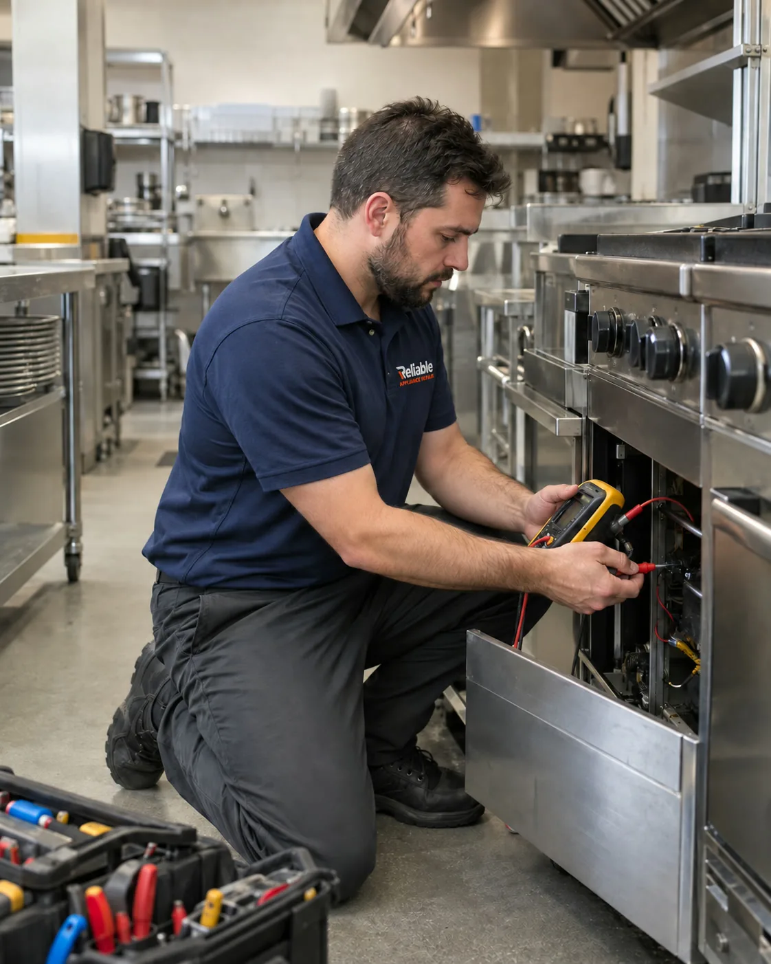 Reliable technician repairing commercial kitchen equipment