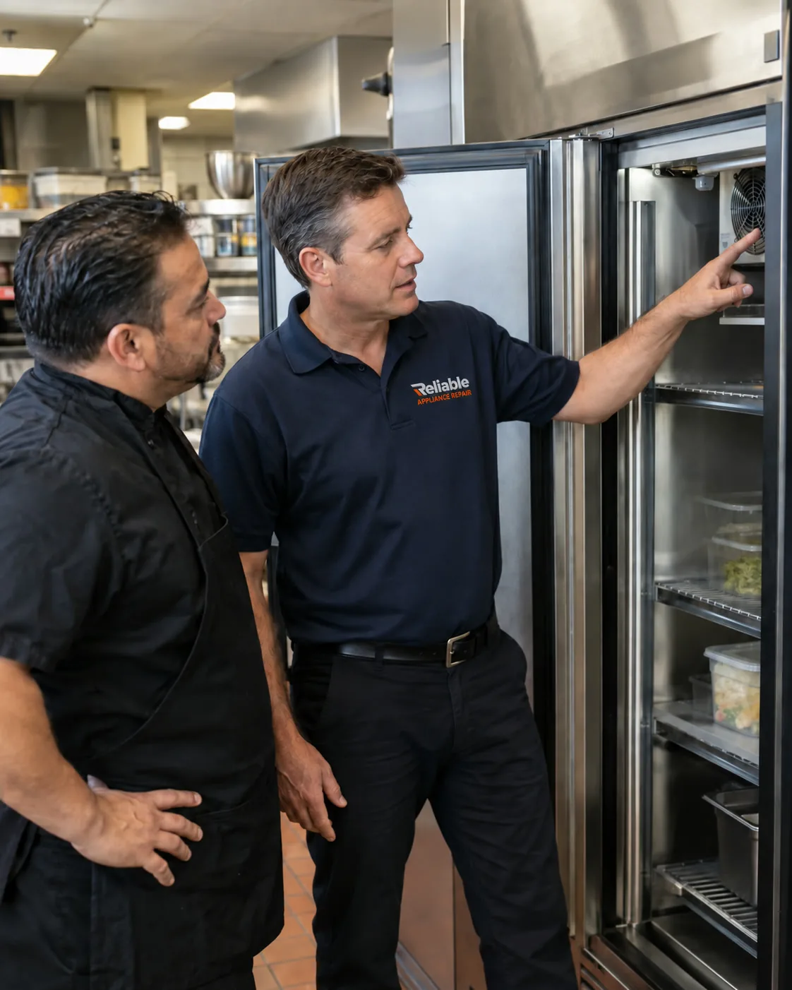 Reliable technician reviewing completed commercial refrigerator repair with a business owner