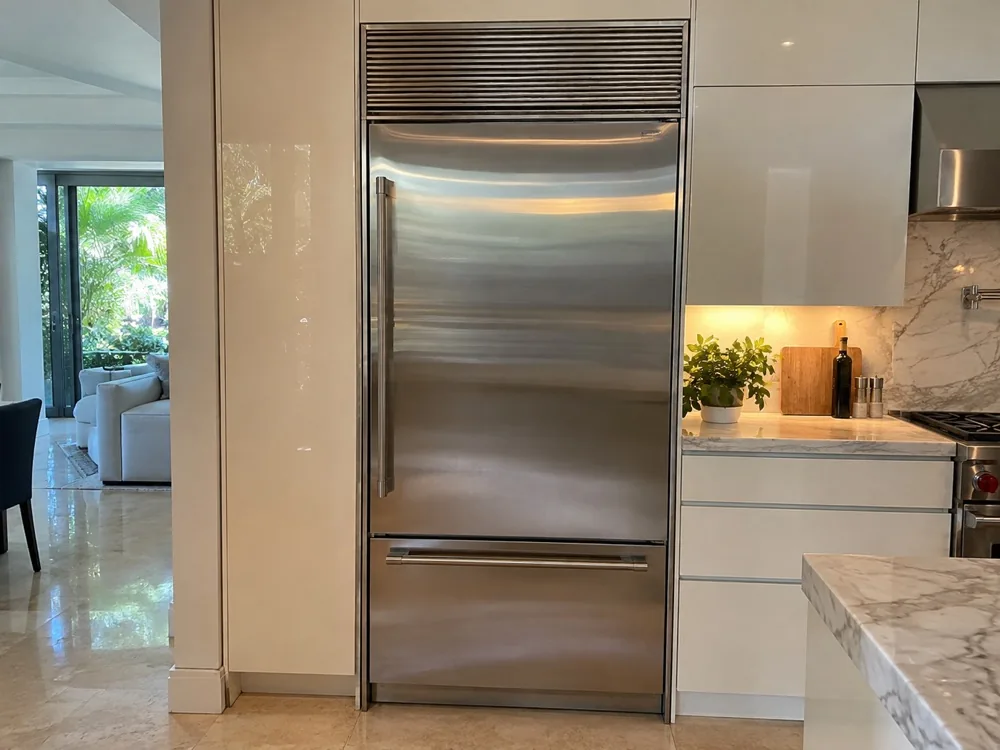 Built-in premium refrigerator after repair in a Miami kitchen