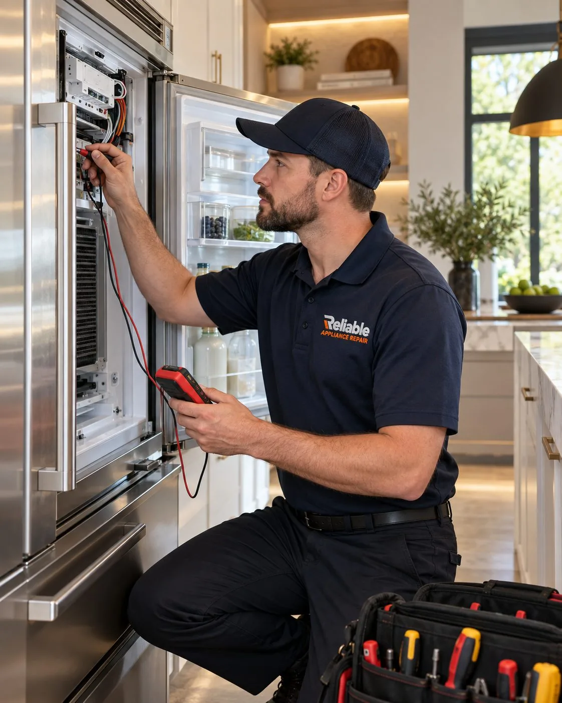 Reliable technician diagnosing a refrigerator in an Atlanta home