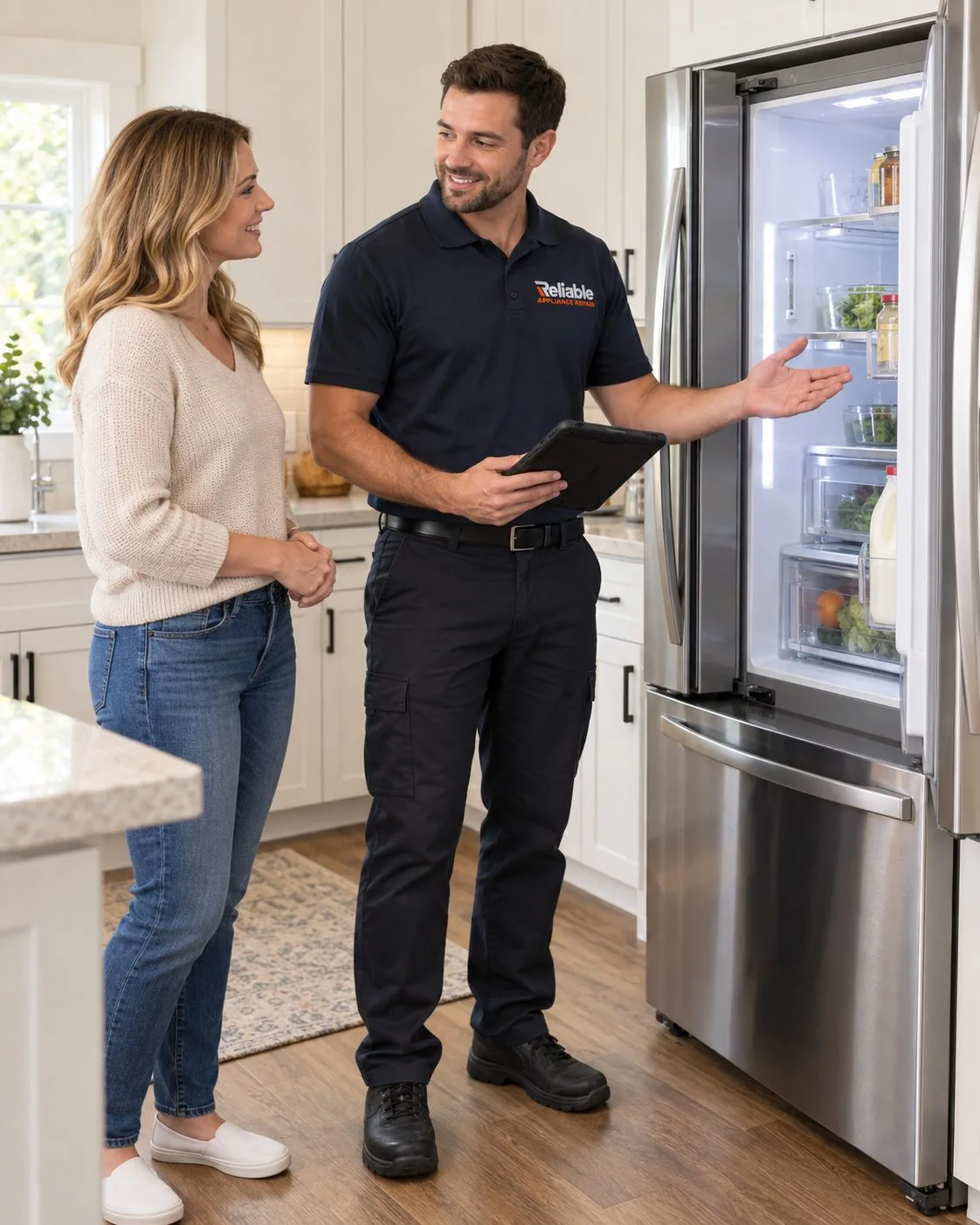 Reliable technician explaining completed refrigerator repair to a homeowner