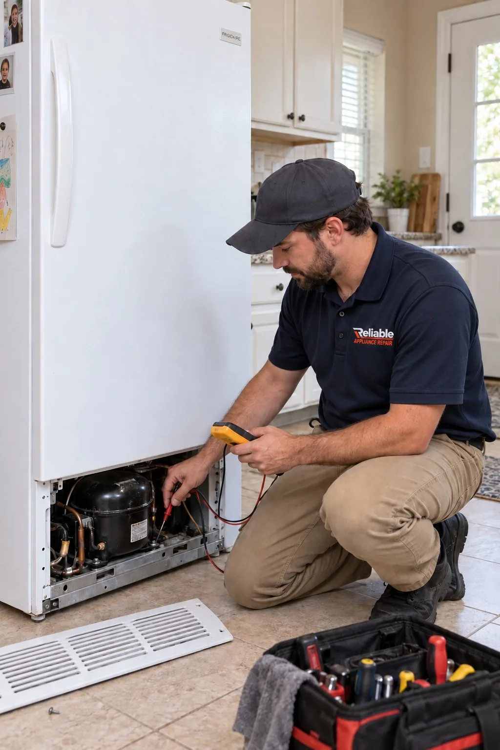 Reliable technician diagnosing a regular residential freezer