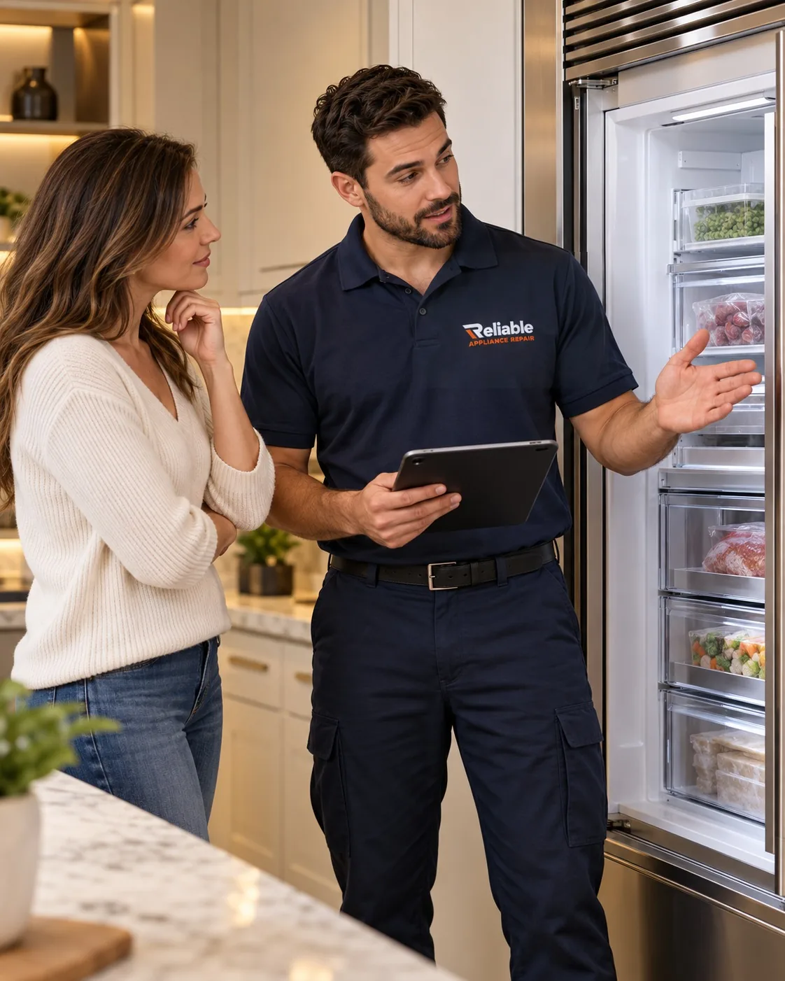Reliable technician explaining premium freezer repair options to a homeowner