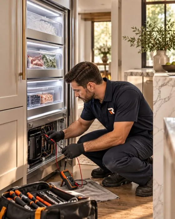 Reliable technician diagnosing a premium built-in freezer