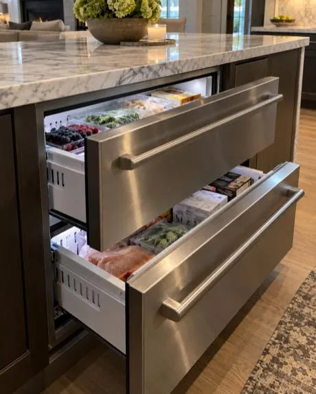Premium freezer drawers photographed after repair in a customer kitchen