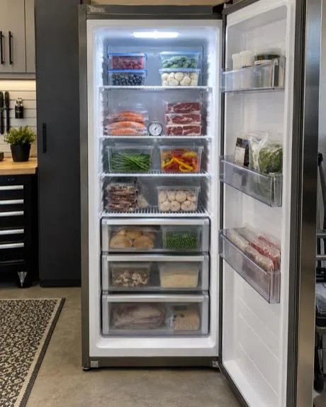 Premium upright freezer photographed after service in a customer utility room