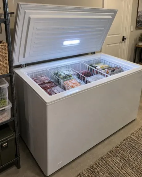 Chest freezer photographed after service in a customer storage area