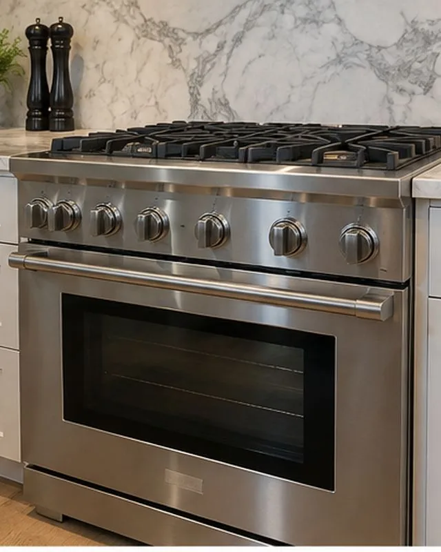 Professional range oven photographed after service in a customer home