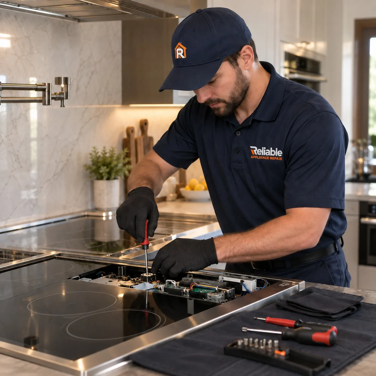 Reliable technician repairing a premium built-in cooktop