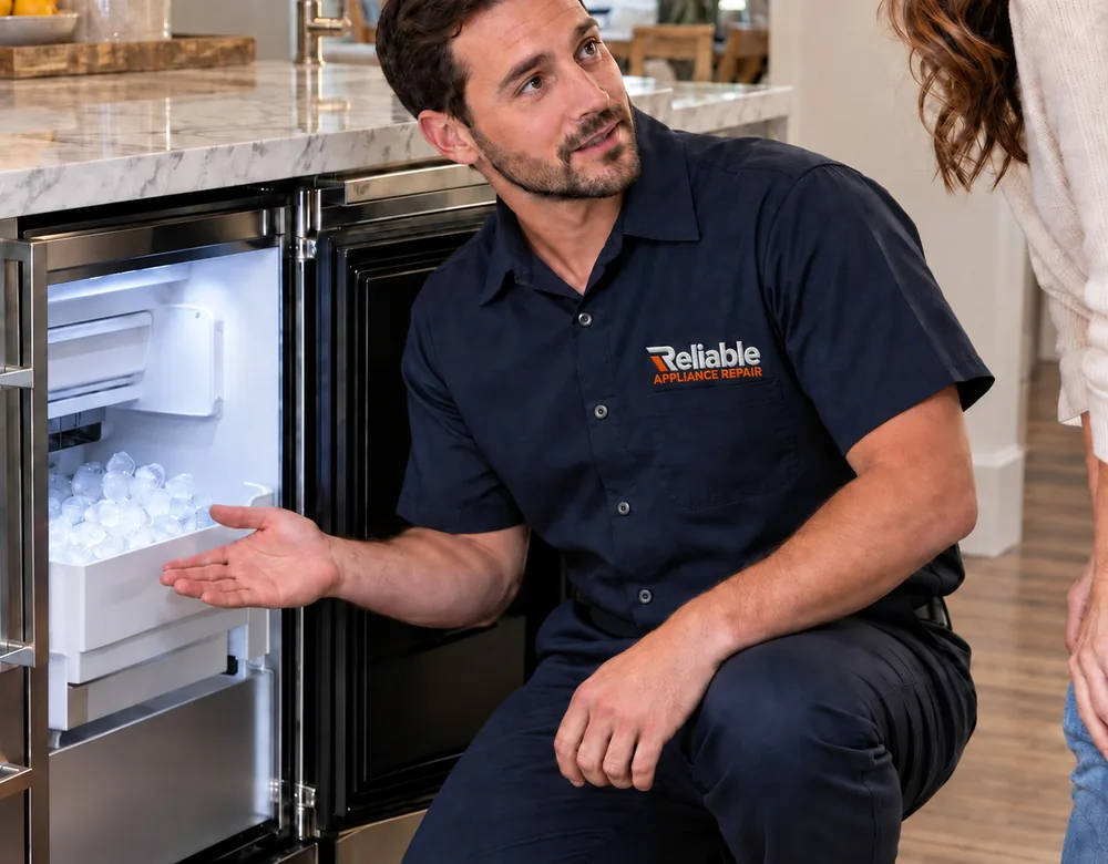 Reliable technician explaining ice maker repair options to a homeowner