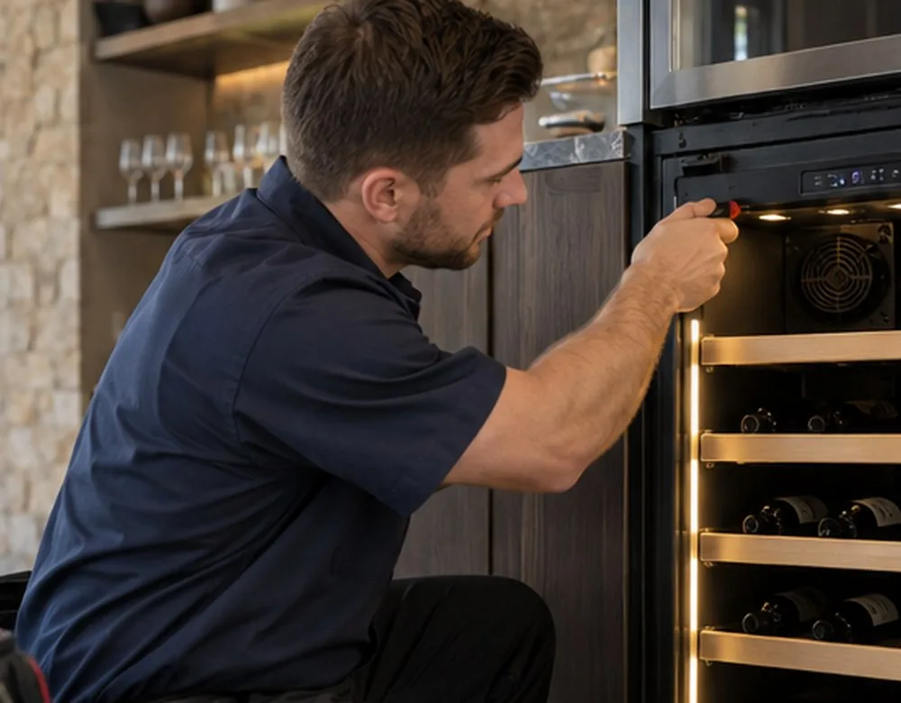 Reliable technician servicing a premium wine cooler