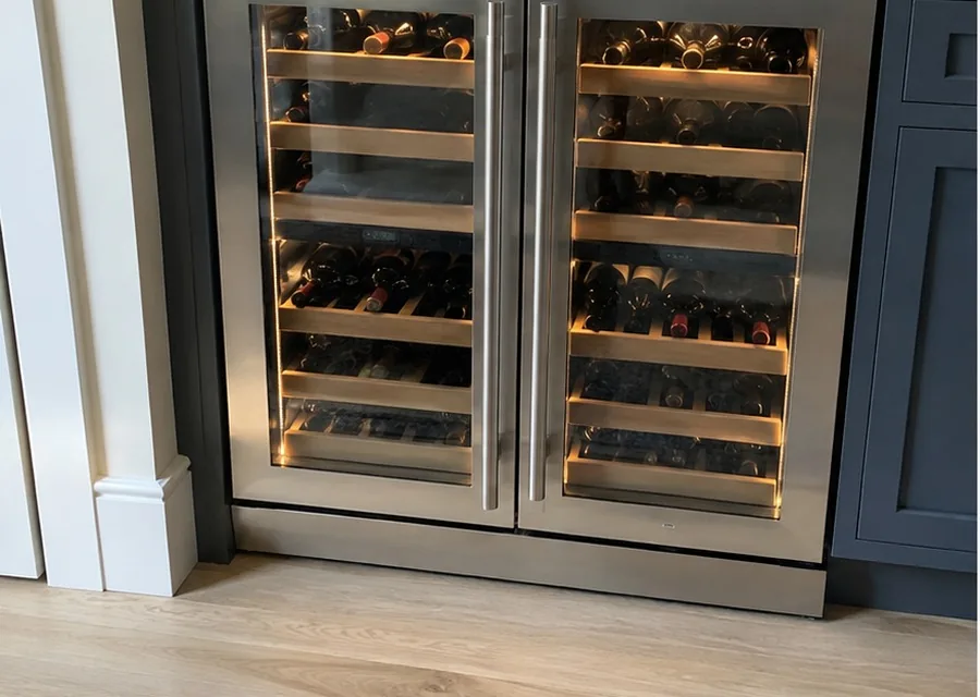 Dual-Door Wine Refrigerator photographed after high-end wine cooler repair in a customer's home