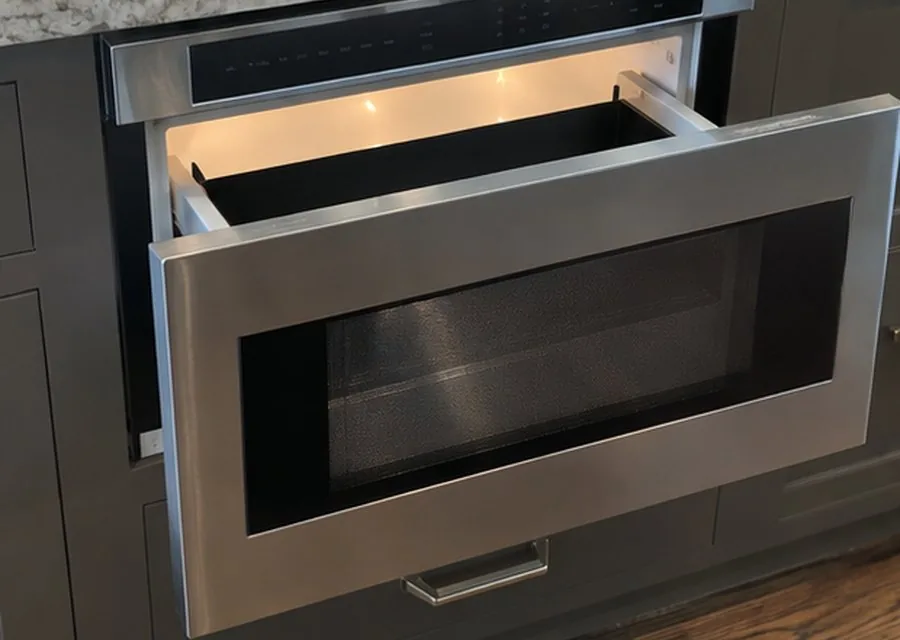 Drawer Microwave photographed after high-end microwave repair in a customer's home