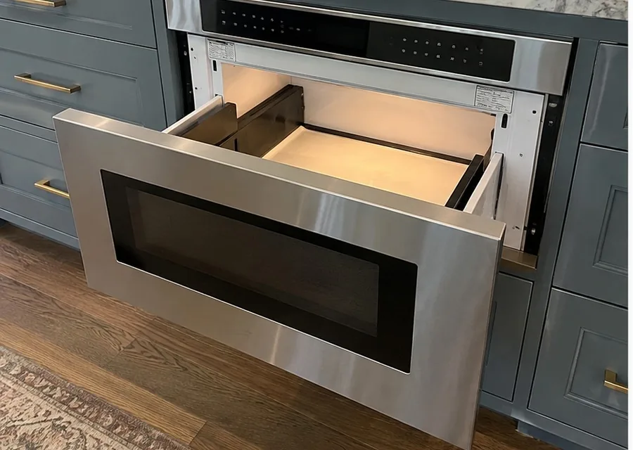 Drawer Microwave photographed after high-end microwave repair in a customer's home