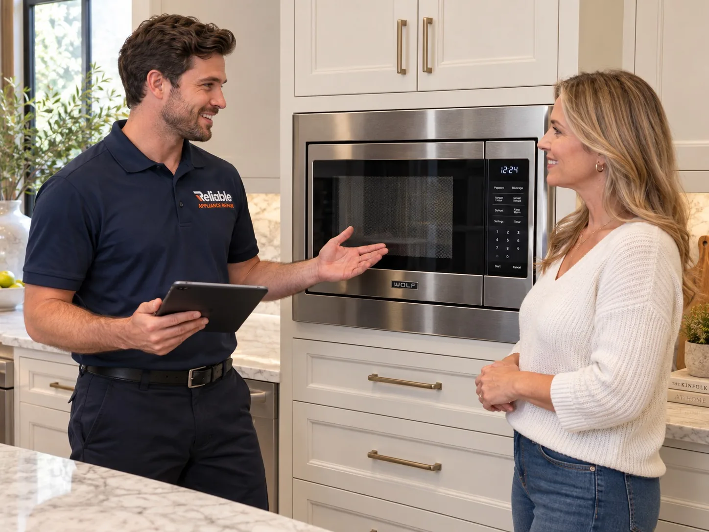 Reliable technician explaining microwave repair options to a homeowner