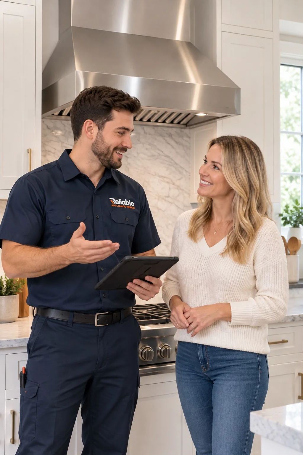 Reliable technician explaining hood repair options to a homeowner