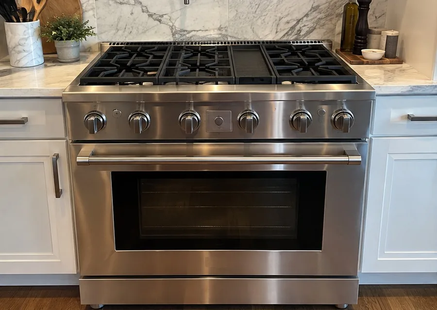 Pro-Style Gas Range photographed after high-end range repair in a customer's home