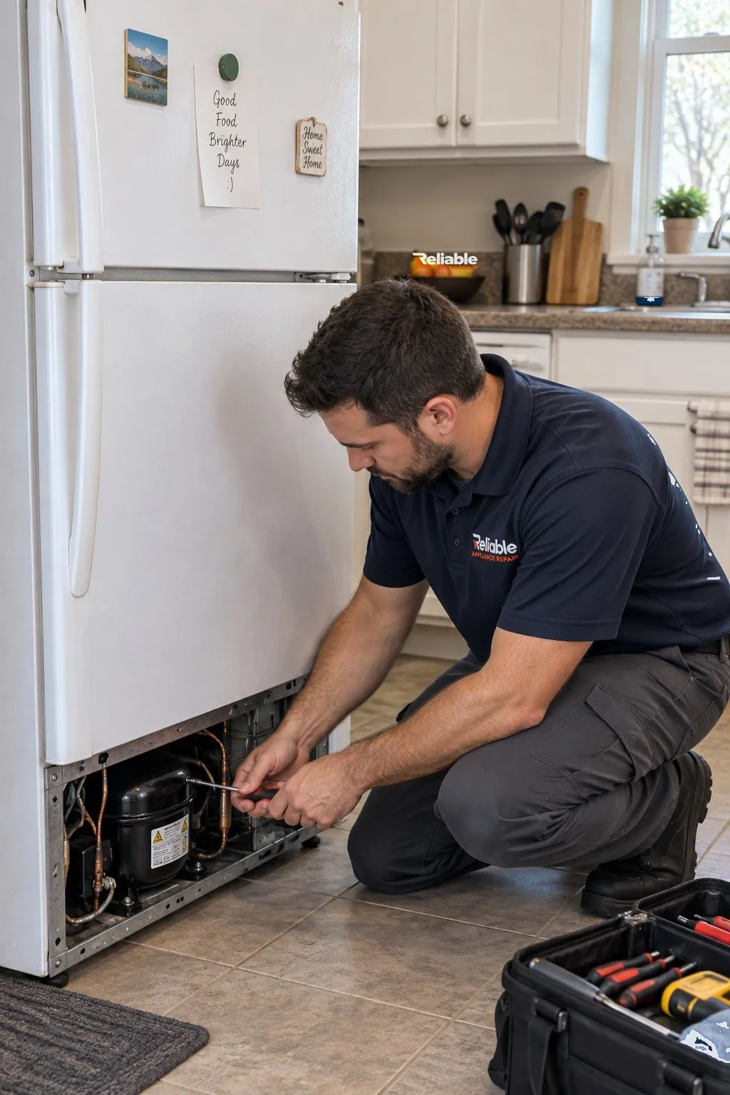 Reliable technician diagnosing a regular residential refrigerator