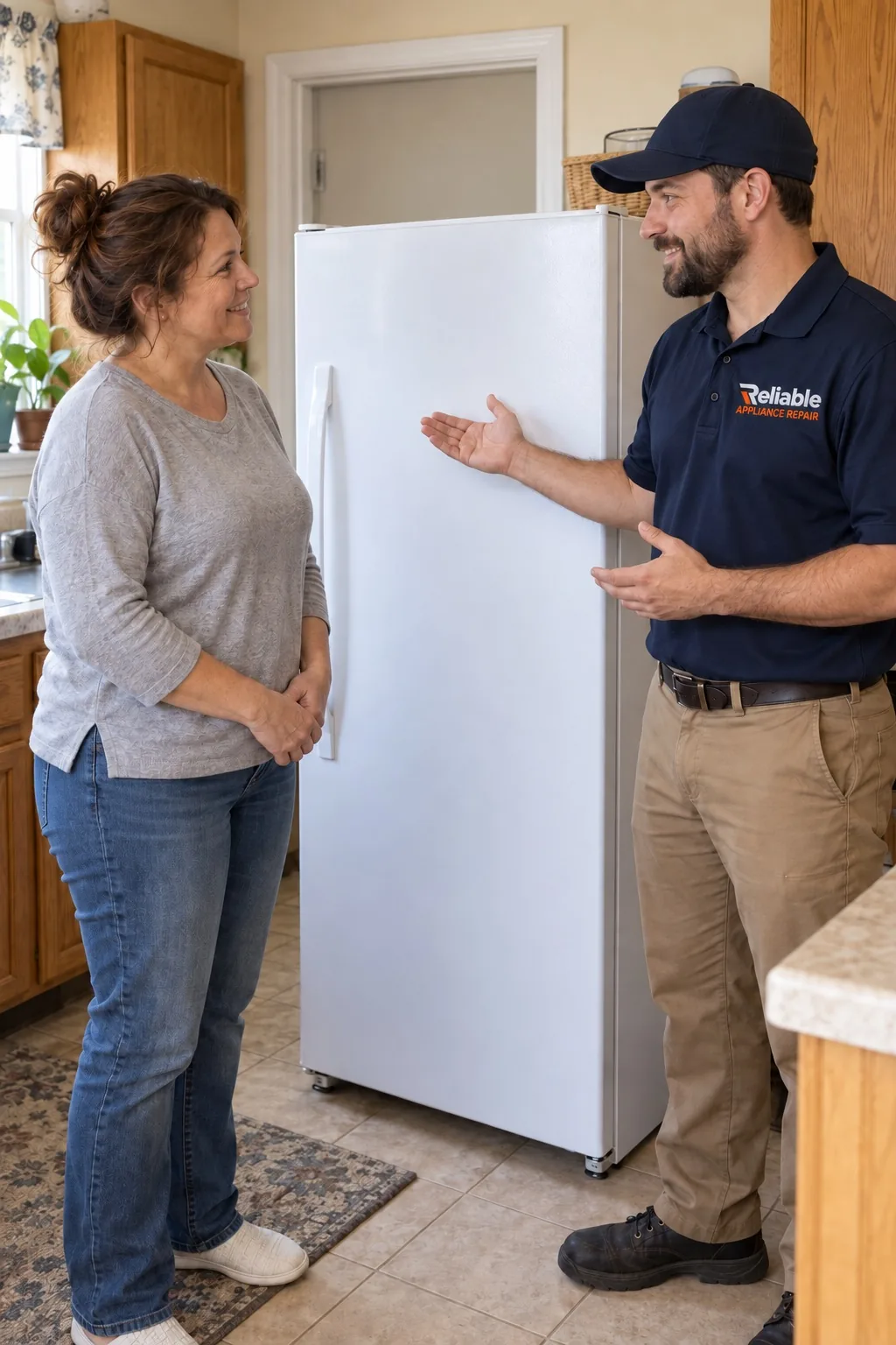 Reliable technician explaining freezer repair options to a homeowner