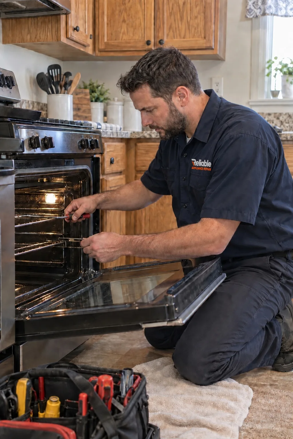 Reliable technician diagnosing a regular residential oven