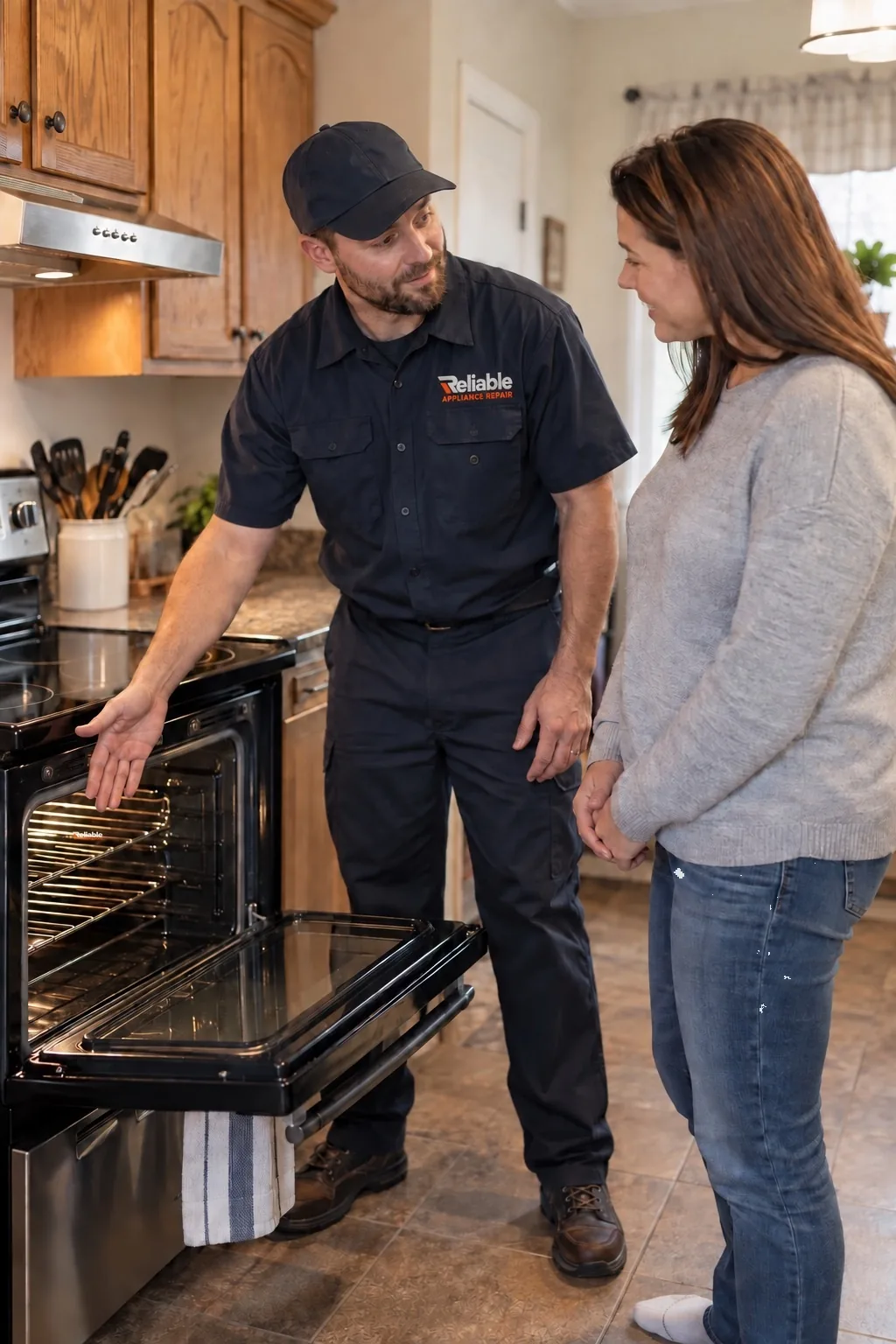 Reliable technician explaining oven repair options to a homeowner