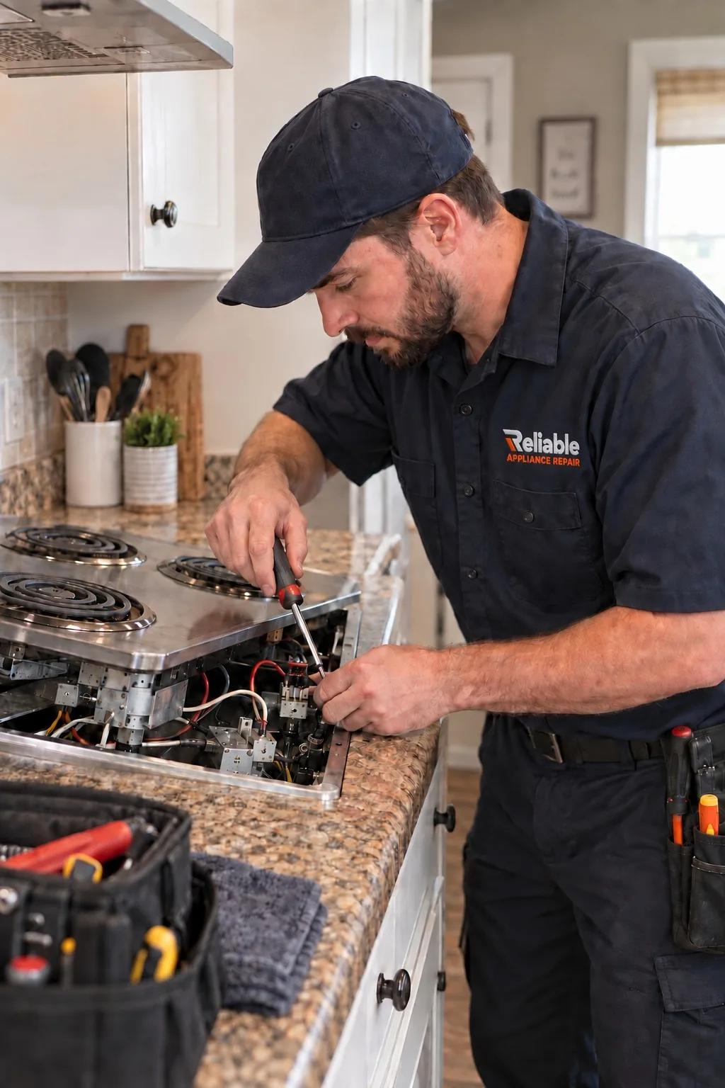Reliable technician diagnosing a regular residential cooktop
