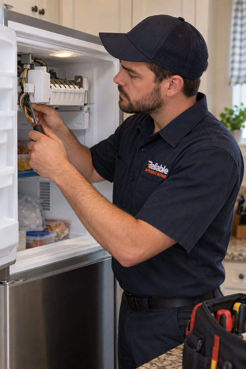 Reliable technician diagnosing a regular residential ice maker