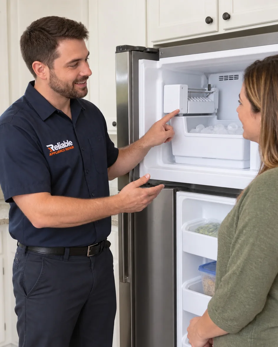 Reliable technician explaining ice maker repair options to a homeowner