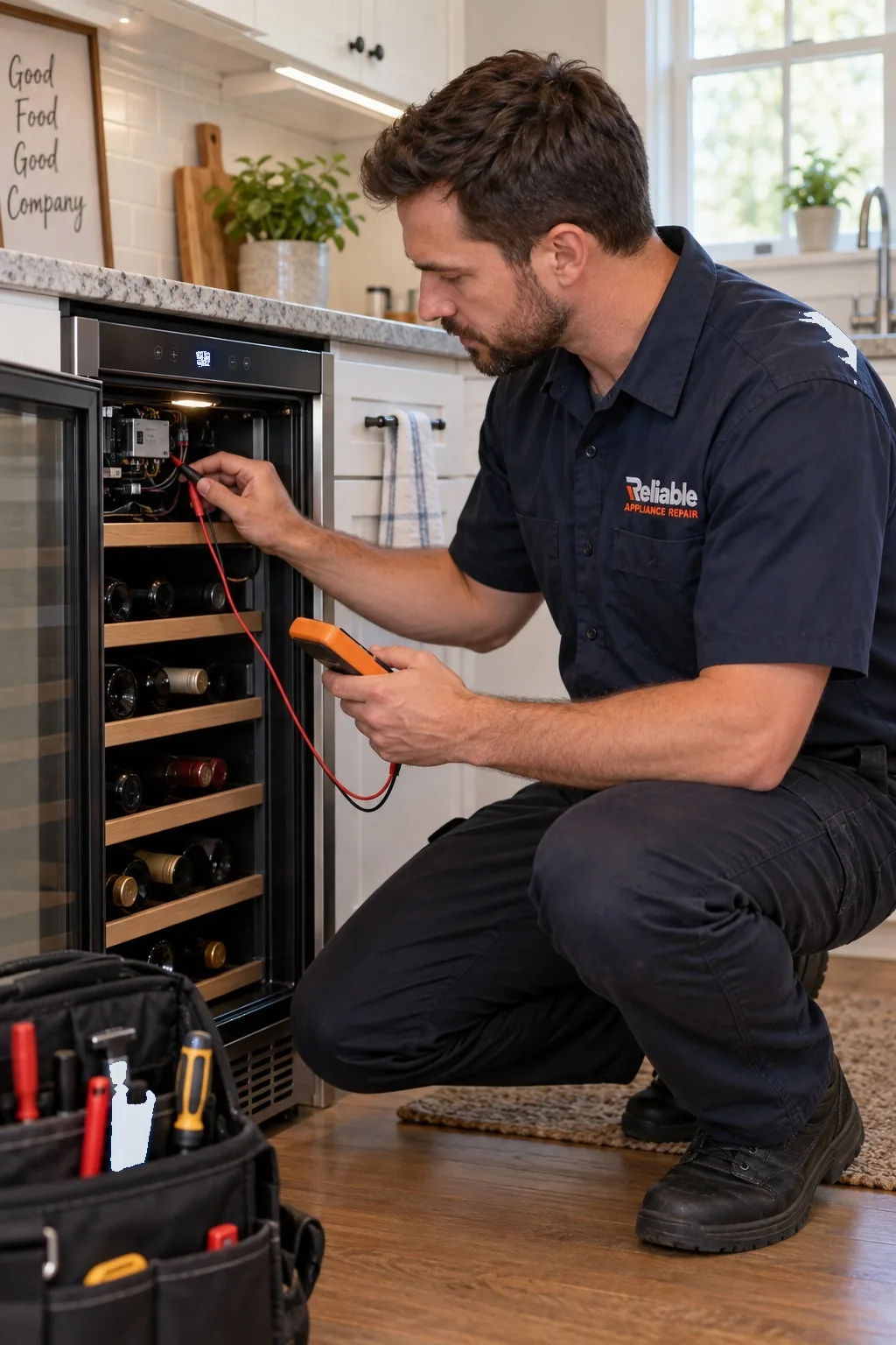 Reliable technician diagnosing a regular residential wine cooler