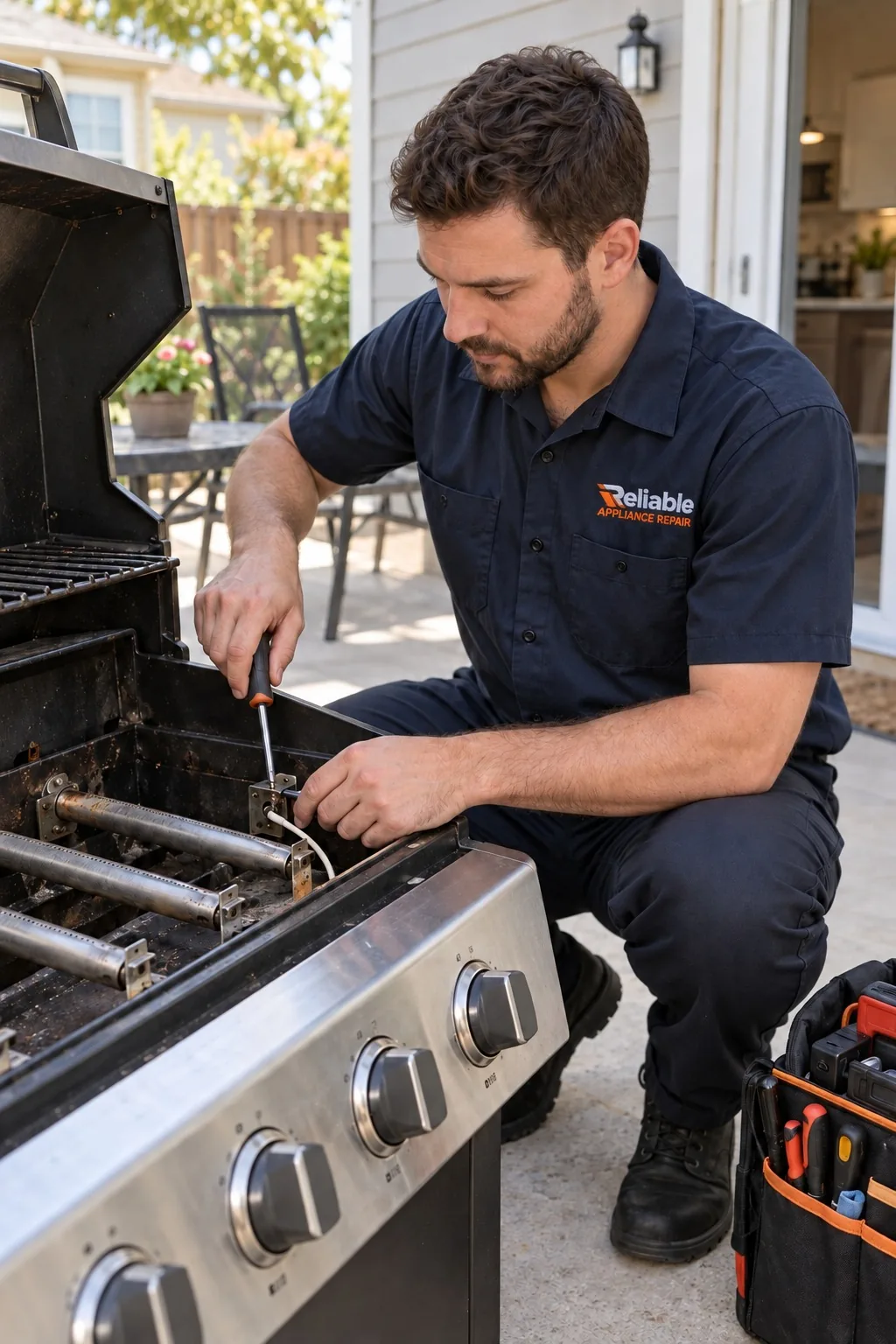 Reliable technician diagnosing a regular residential grill