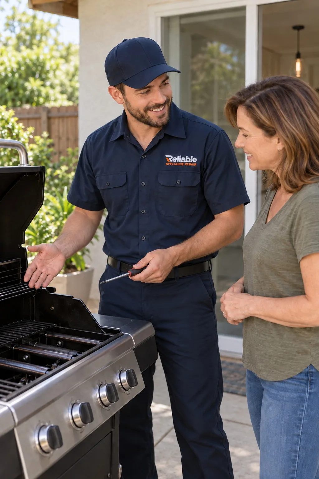 Reliable technician explaining grill repair options to a homeowner