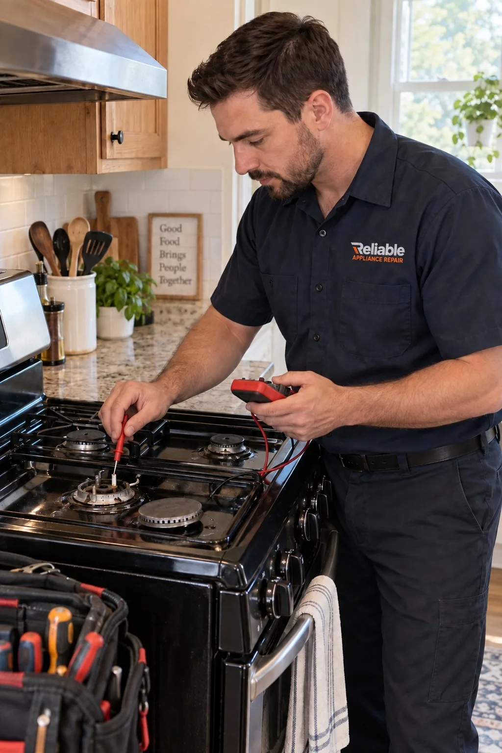 Reliable technician diagnosing a regular residential stove
