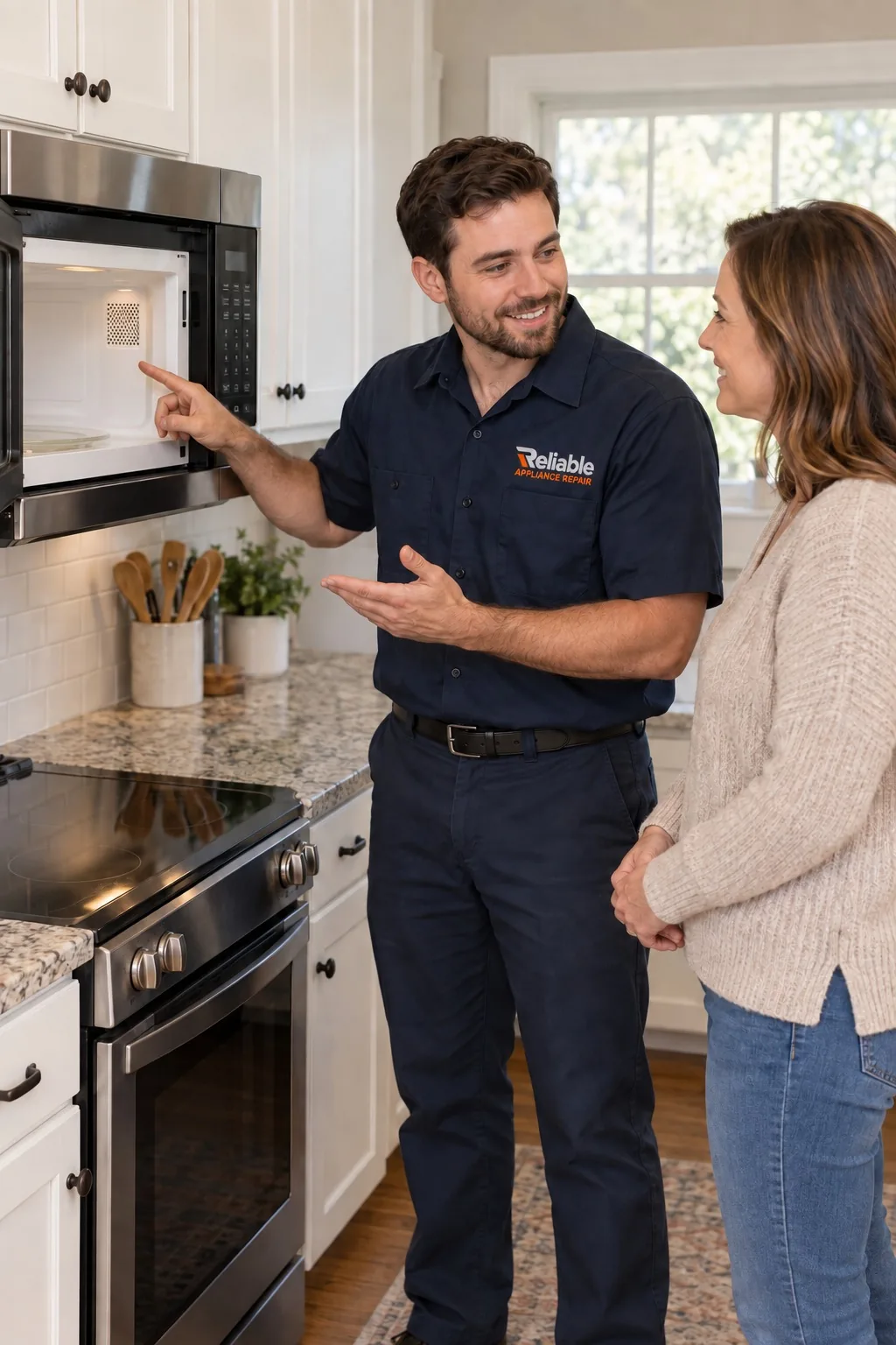 Reliable technician explaining microwave repair options to a homeowner