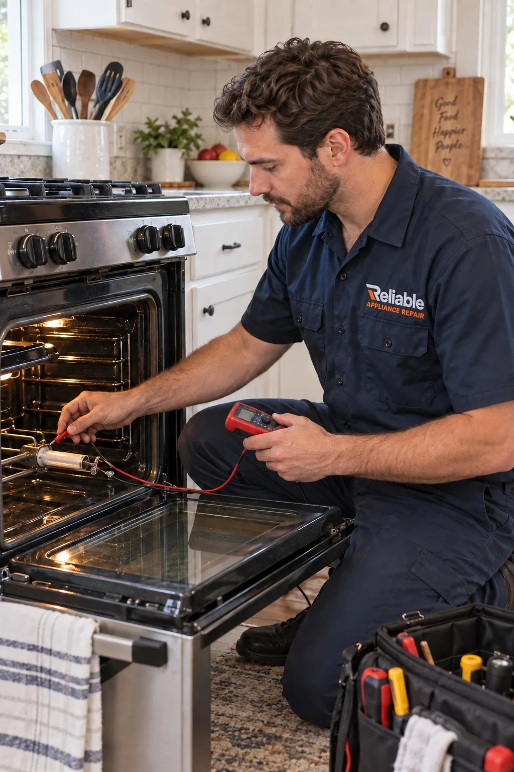 Reliable technician diagnosing a regular residential range