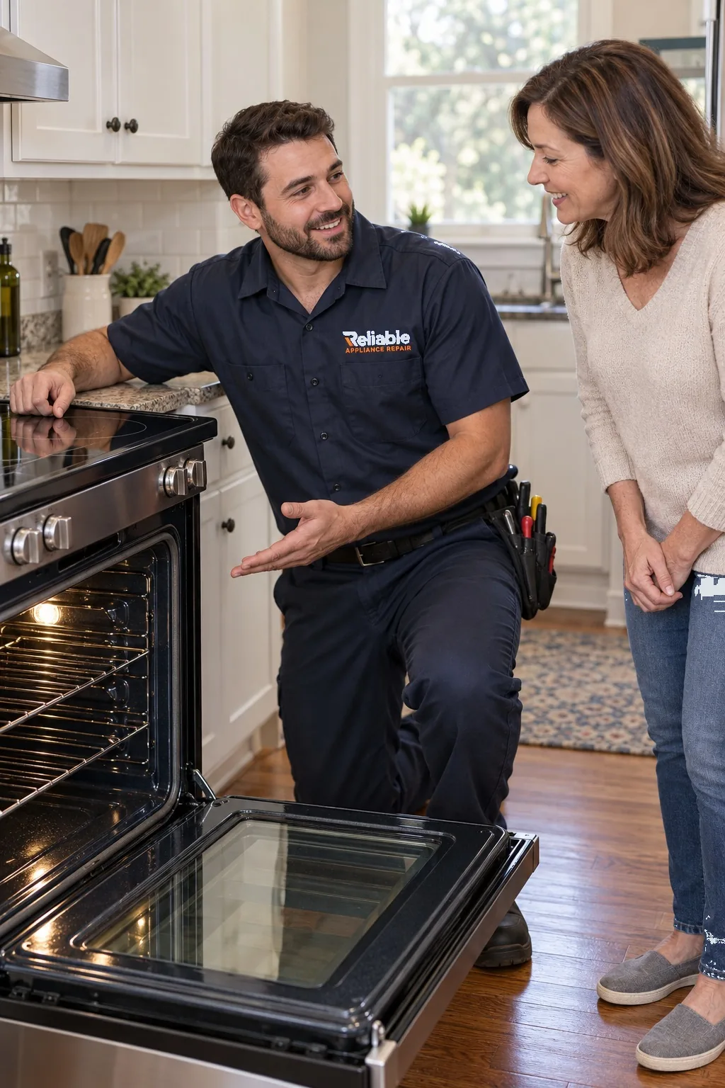 Reliable technician explaining range repair options to a homeowner