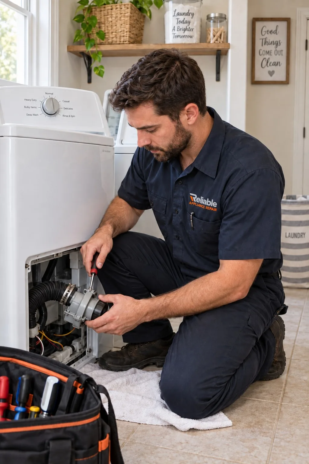 Reliable technician diagnosing a regular residential washer