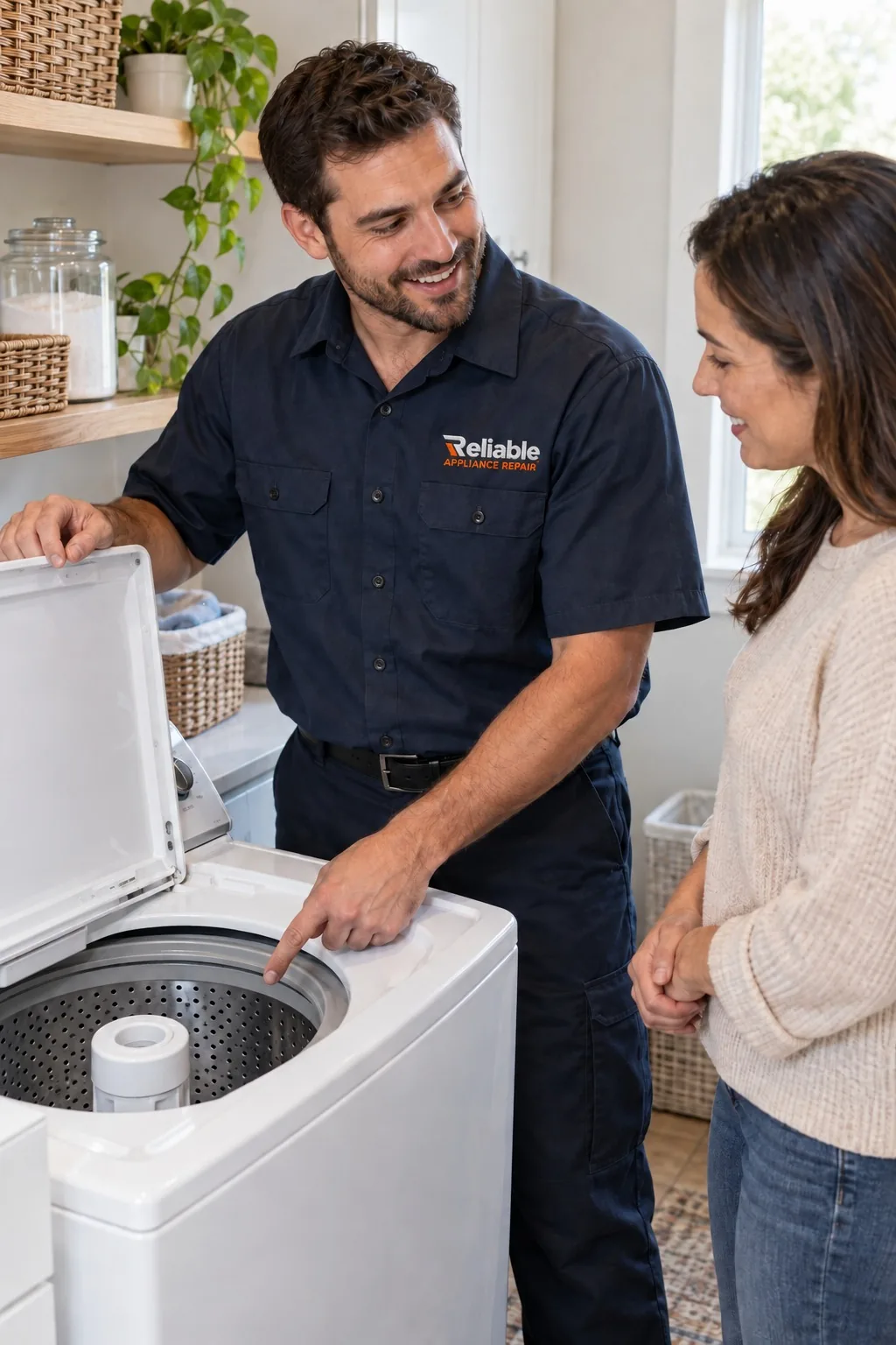Reliable technician explaining washer repair options to a homeowner